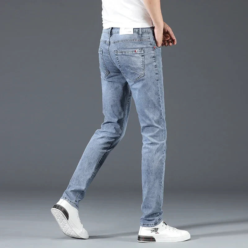 2024 New Men's Cotton Business Casual Skinny Jeans Trendy Fashionable Stretch Straight Slim Denim Trousers Male Blue Grey