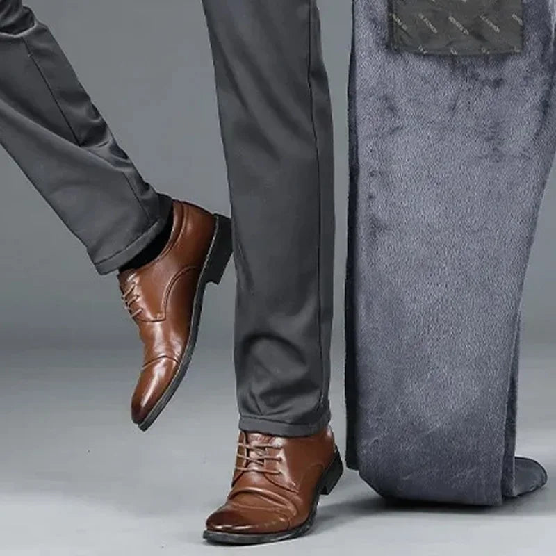 Men's autumn/winter fashionable business casual pants, elastic slim fit warm and plush suit pants, work clothes