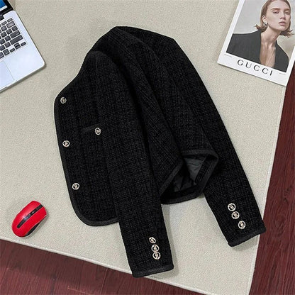 Spring Autumn New Single Breasted Pockets Round Neck Short Women Suit Jackets Long Sleeve Black WineRed Ladie Blazer Tops Trend