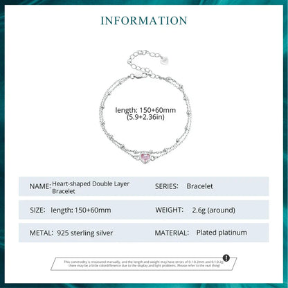 925 Sterling Silver Double Layer Bracelet Pink Heart Adjustable Round Beads Chain Link for Women Valentine's Day Gift