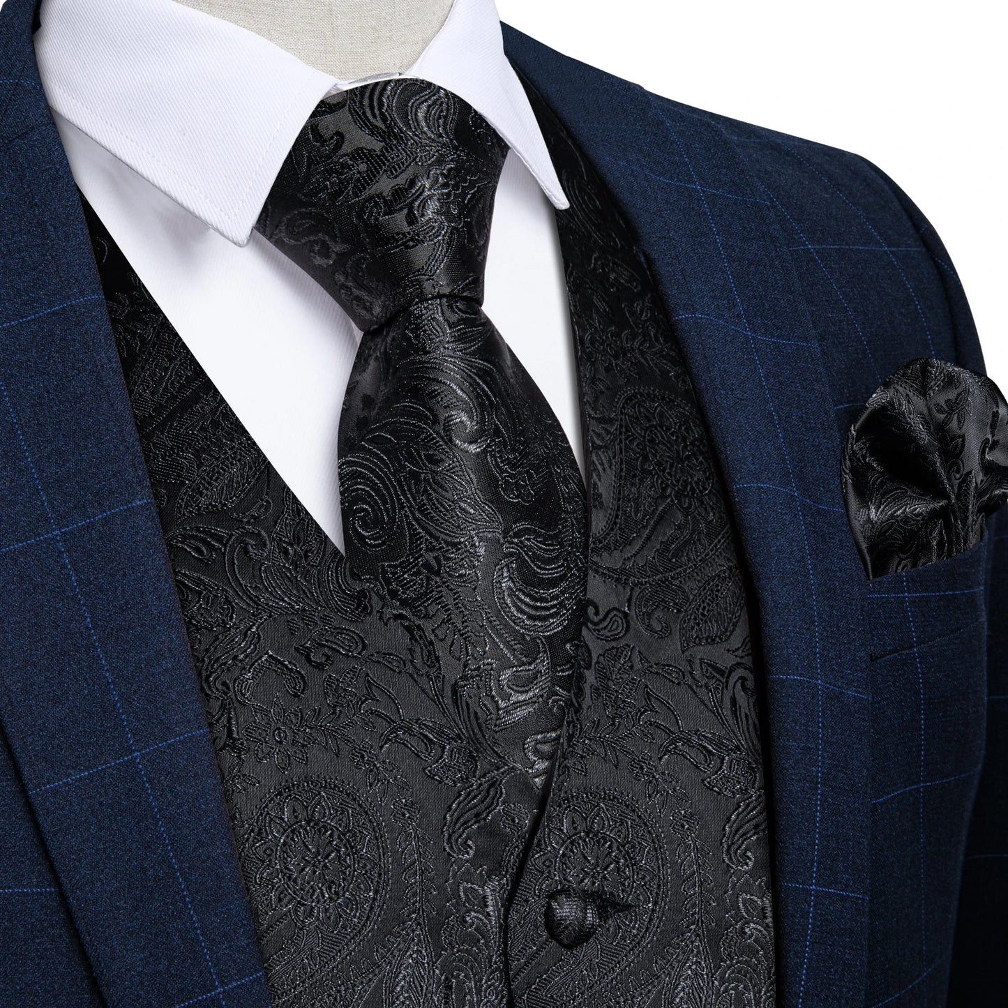 Suit Vest for Men Black Solid Paisley Wedding Prom Groom Jacquard Waistcoat with Necktie for Tuxedo Men Clothing