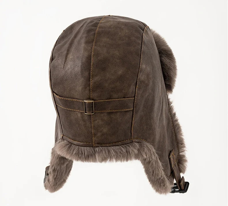 Men Winter Bomber Hat Outdoor Motorcycle Windproof Thicken Warm Faux Fur Pilot Earflap Hat Leather Thermal Ushanka