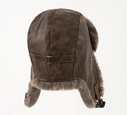 Men Winter Bomber Hat Outdoor Motorcycle Windproof Thicken Warm Faux Fur Pilot Earflap Hat Leather Thermal Ushanka