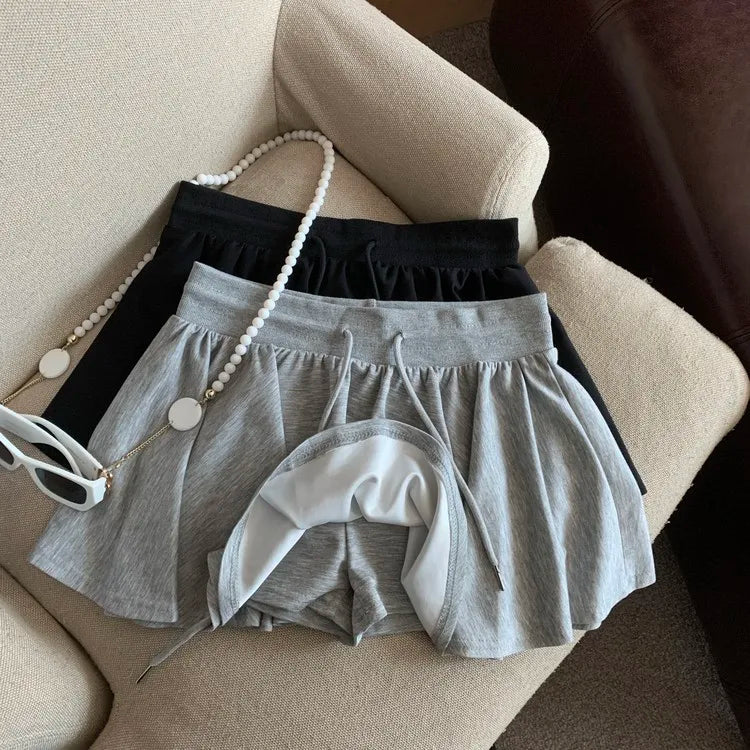 Summer Women Sports A Line Skirts for Women Summer High Waist Drawstring Solid Mini Skirts Female Sweet All Match Ballet Skirts