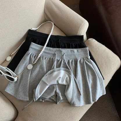 Summer Women Sports A Line Skirts for Women Summer High Waist Drawstring Solid Mini Skirts Female Sweet All Match Ballet Skirts