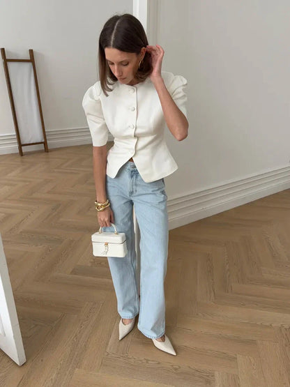 KT Elegant Satin Puff Sleeve Blouse for Women Round Neck Button Down Fitted Waist Asymmetric Hem Office & Formal Wear Tops