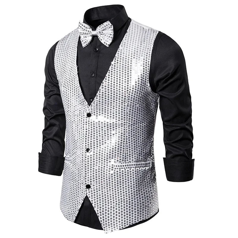New Gold Sequin Vest Men's Single-breasted V-neck Sleeveless Vests Coat Wedding Party Waistcoat Silver Blue Purple Red Tops
