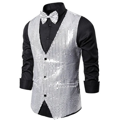 New Gold Sequin Vest Men's Single-breasted V-neck Sleeveless Vests Coat Wedding Party Waistcoat Silver Blue Purple Red Tops