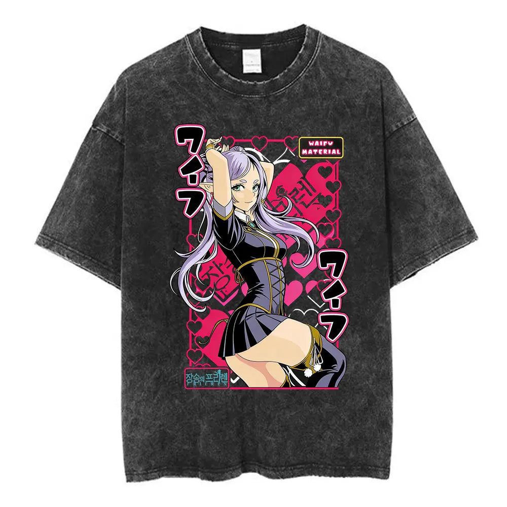 Anime Frieren: Beyond Journey's End Graphic Washed Vintage T-shirt Men's Women Fashion Short Sleeve Cotton Casual Loose T Shirts