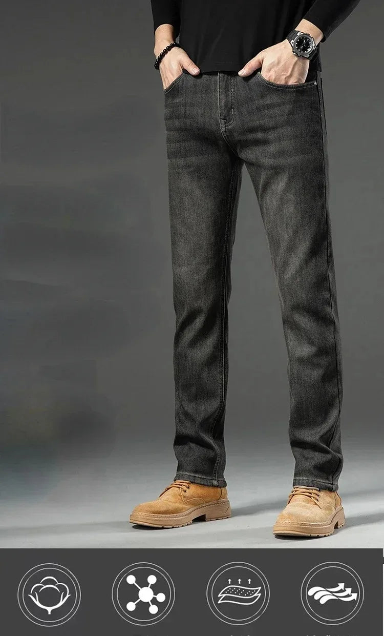 High Quality Winter Jeans New Casual Straight Tube with Fleece Thickening Loose Outside Warm Long Pants Streetwear Men