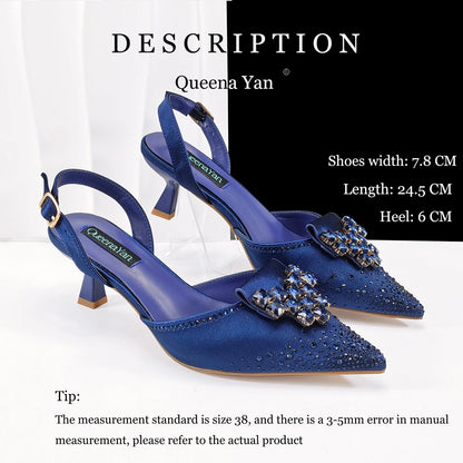 Elegant Navy Blue Handbag and Medium Heel Shoes Set with Beautiful Handmade Metal Decoration for Weddings and Parties