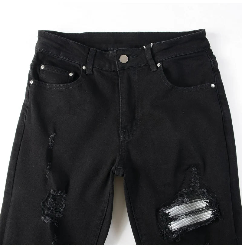 Men Cracked Silver Leather Patch Biker Jeans Streetwear Skinny Tapered Stretch Denim Pants Holes Ripped Patchwork Black Trousers