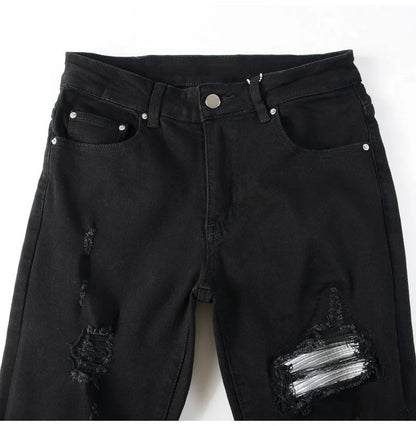 Men Cracked Silver Leather Patch Biker Jeans Streetwear Skinny Tapered Stretch Denim Pants Holes Ripped Patchwork Black Trousers