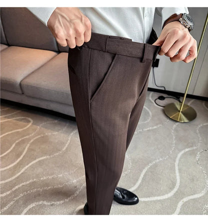 High Qualitys Wool Elastic Waist Striped Suit Pants Autumn Winter Thickening Men Business Slim Fit Social Casual Trousers Hommes