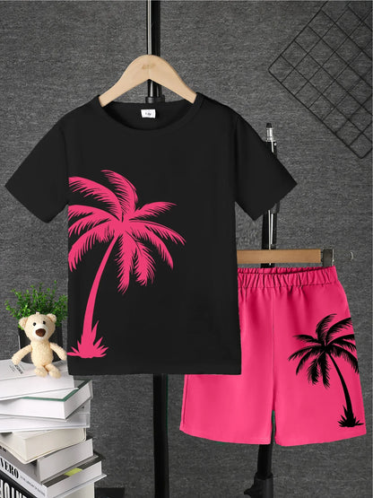 Tween Boys Casual Coconut Tree Pattern Short Sleeve And Shorts Set for Outdoor Scene Wear Vacation Style Beach Pants Summer