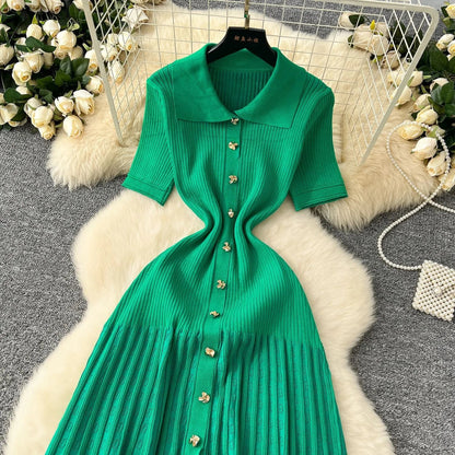 Chic Fashion Elegant Patchwork Knitted Maxi Dress 2025 Summer Lady Turn-down Collar Shirt Sweater Dress Party Vestidos