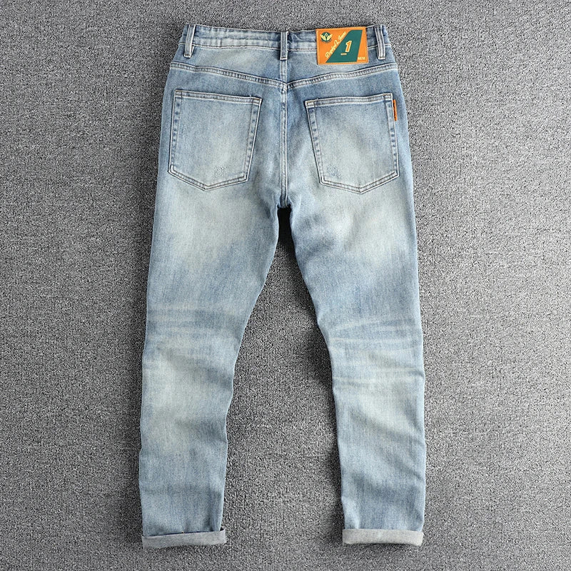 New wash light blue ground white jeans men's spring American fashion brand small straight leg retro casual youth pants