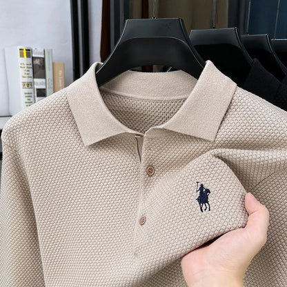 High-end Quality Men's Casual Outdoor Pineapple Pattern Knitted Long-sleeve Polo Shirt (eco-cotton, No Shrinkage No Deformation)