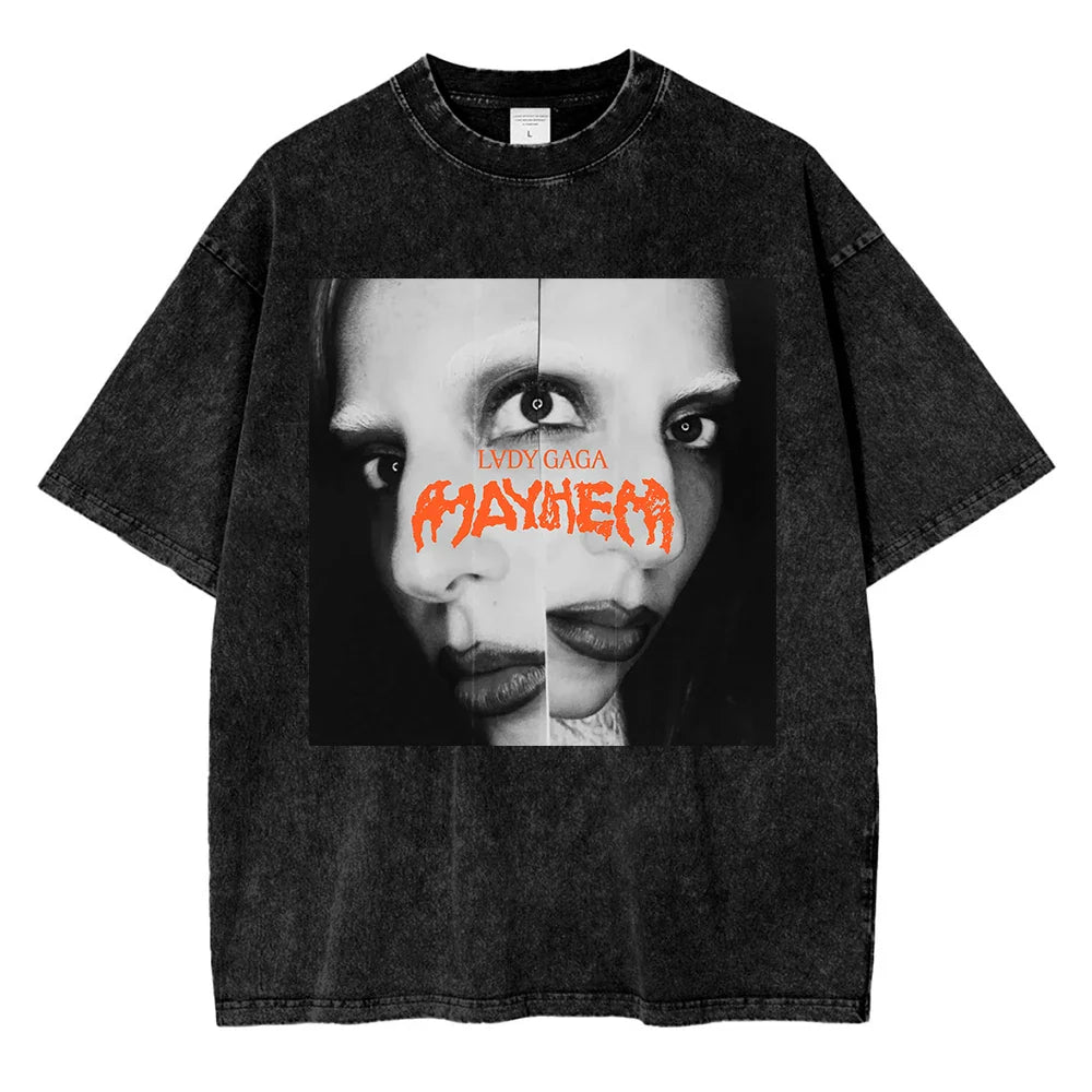 Vintage Washed Lady Gaga The Mayhem Ball Tour 2025 T Shirt Fashion Men/Women Aesthetic High Quality Acid Wash 100% Cotton Tees