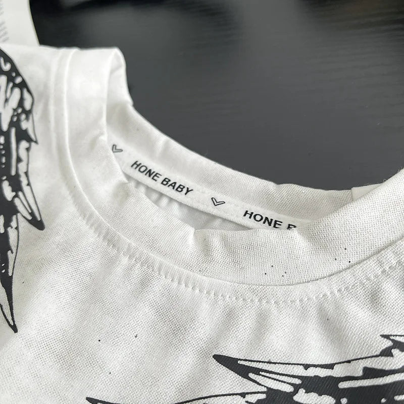 0-5Years New Baby Boy Fashion Cool Summer Clothes Suits Toddler Wings Printed T-shirt+Ripped Jeans 2pcs/sets Children Tracksuits