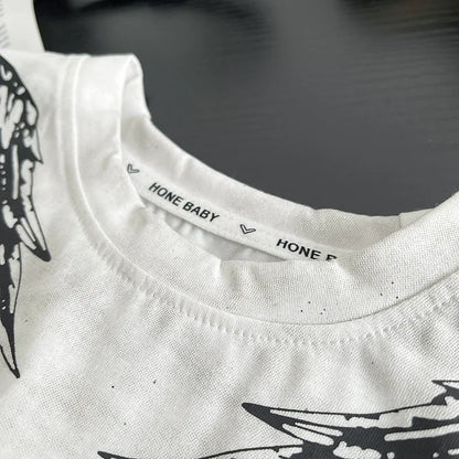 0-5Years New Baby Boy Fashion Cool Summer Clothes Suits Toddler Wings Printed T-shirt+Ripped Jeans 2pcs/sets Children Tracksuits
