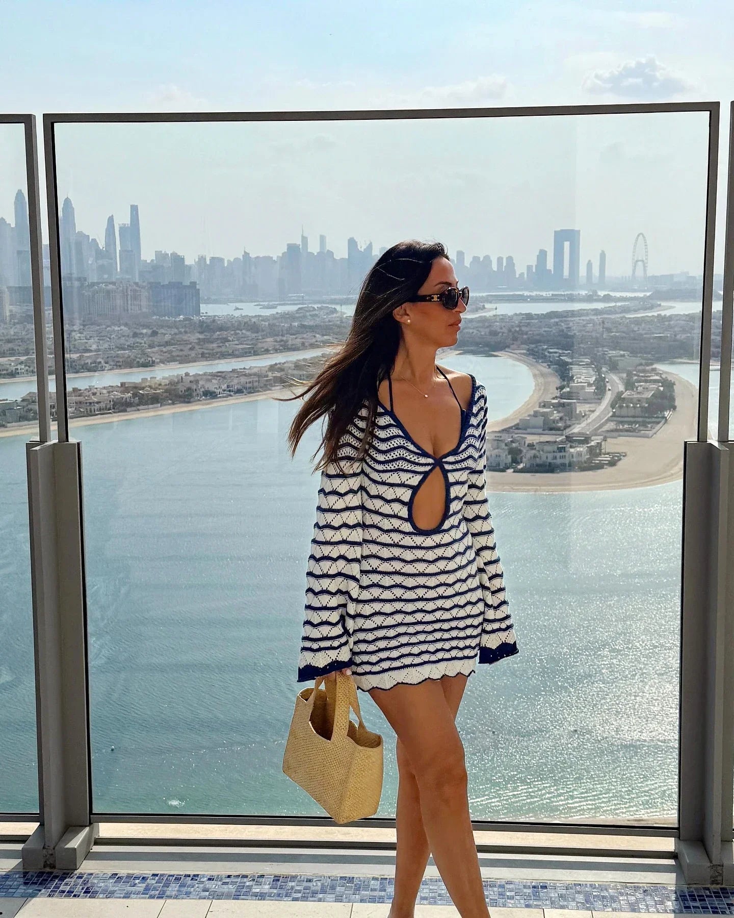 Reto Blue Striped Bell Sleeve Knit Dress Sexy V-neck Cut Out 2025 Summer Women Seaside Holiday Mini A-Line Dresses K123