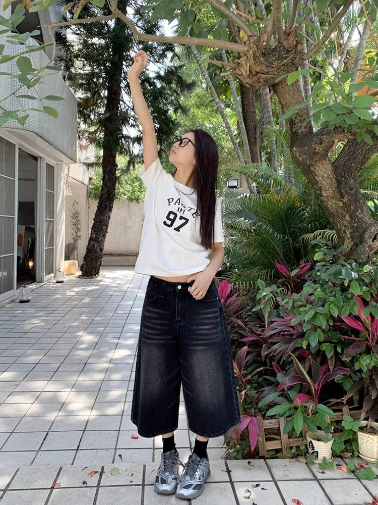 High Waist Black Retro Washed Denim Shorts Women's Harajuku Vintage Fashion Casual Loose Y2K Streetwear Mid Long  Wide Leg Pants