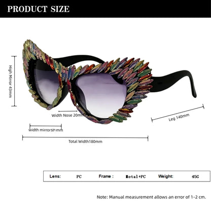 Retro Y2K Oversized Cat Eye Sunglasses for Women Rhinestone Gold Spike Gradient UV400 Punk Nightclub Party Festival Eyewear