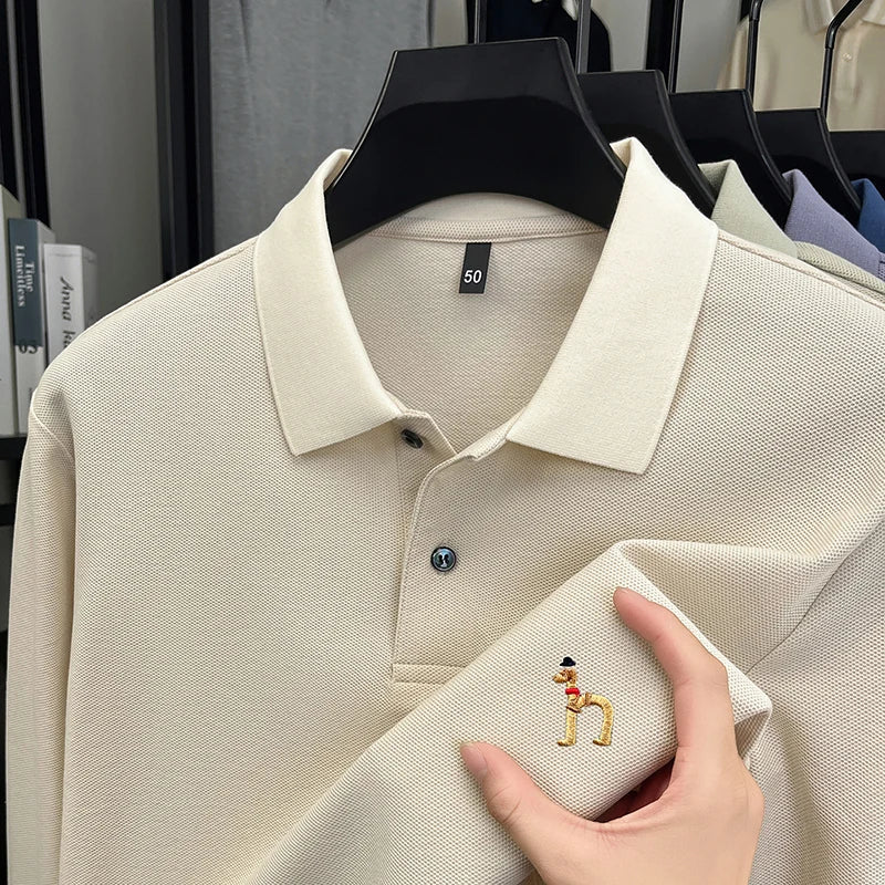 100% Cotton Luxury Brand Men's Polo Shirt Exquisite Dog Embroid Long Sleeve Fashion Quality Lapel T-Shirt Business Casual Menswear
