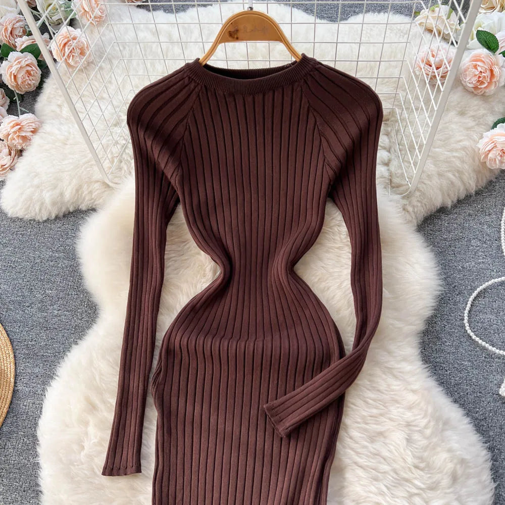 Winter Women Knit Maxi Dress O Neck Autumn Long Sleeve Slim Solid Harajuku Ladies Fashion Pencil Sweater Long Dresses
