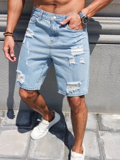 Hole-washed Water Buffalo Denim Short Pants - Men's Trendy Loose Straight Five-Piece Casual Shorts - Summer New Style