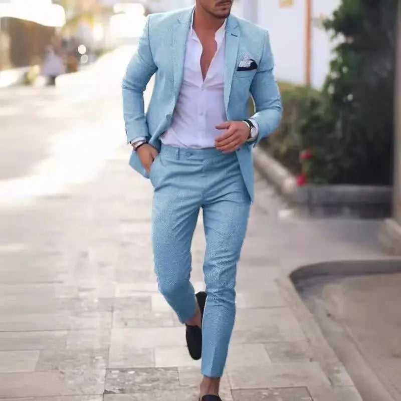Men's Linen Suit 2 Piece Slim Fit Suit Summer Beach Wedding Suit Groosmen Prom Tuxedo Linen Blazer Pants Set