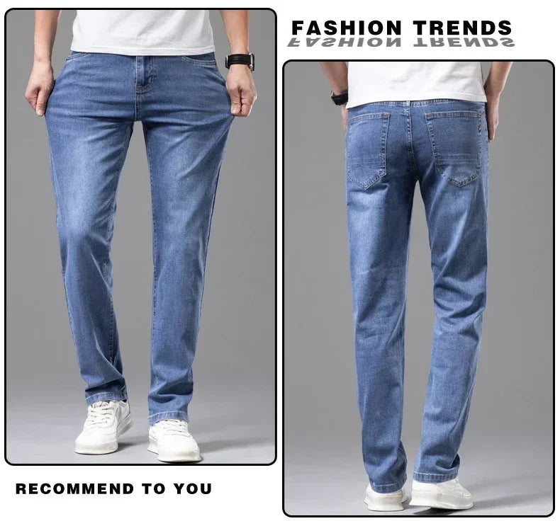 Summer Brand Men's Fit Straight Lightweight Cotton Stretch Jeans Business Casual High Waist Thin Light Grey Jeans mens pants