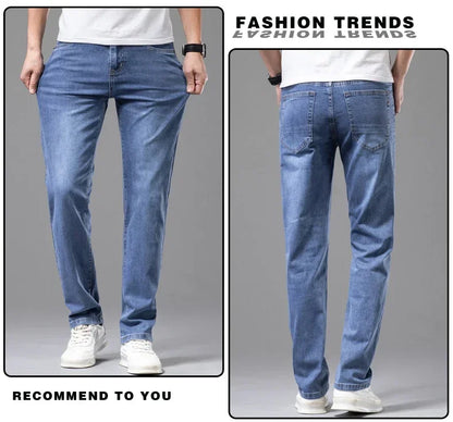Summer Brand Men's Fit Straight Lightweight Cotton Stretch Jeans Business Casual High Waist Thin Light Grey Jeans mens pants