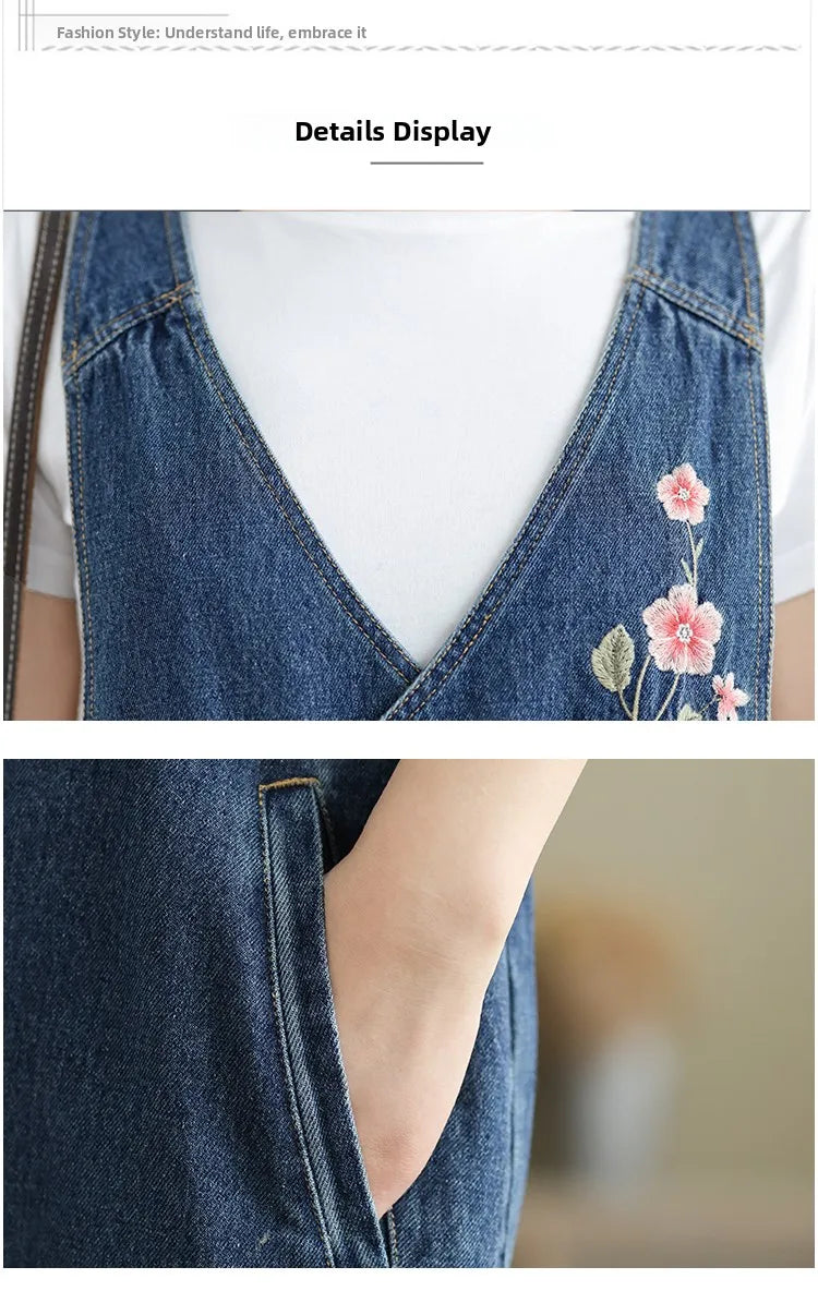 Spring 2025 New Vintage Large Size Loose Embroidered Denim Overalls High Waist Long Pants Women's Faion Casual Jeans