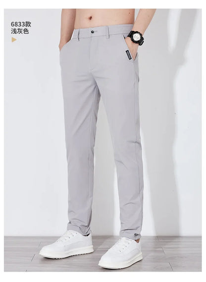 Summer Silk Stretch Smooth Trousers Men Business Elastic Waist Korean Classic Thin Cool Black Gray Casual Suit Pants Male Brand