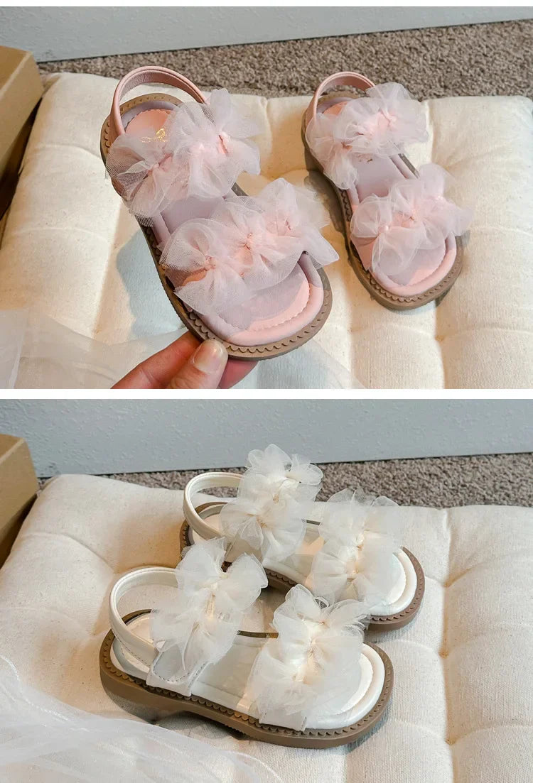 Sweet Princess Shoes Girl Tulle Lace Butterfly-knot Chic Summer Wedding Party Shoes Sandals for Child Girls Holiday Shoes I11155