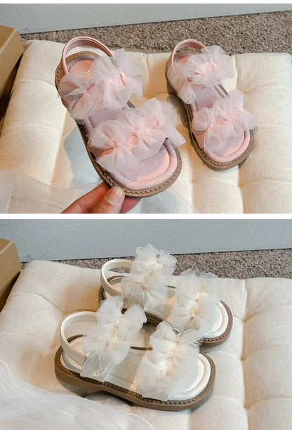 Sweet Princess Shoes Girl Tulle Lace Butterfly-knot Chic Summer Wedding Party Shoes Sandals for Child Girls Holiday Shoes I11155