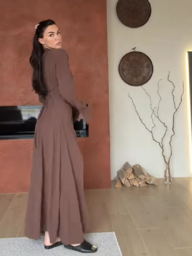 Women's Elegant High Neck Long Sleeve Maxi Dress With Side Slit Shoulder Pad Slim Fit Floor Length Tunic Top Versatile Clothing