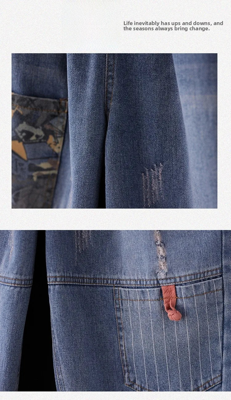 Casual Harajuku Sle Mom Jeans Women's Faion Trendy Hole Design Cotton Stretch Denim l Waist hine Embroidery