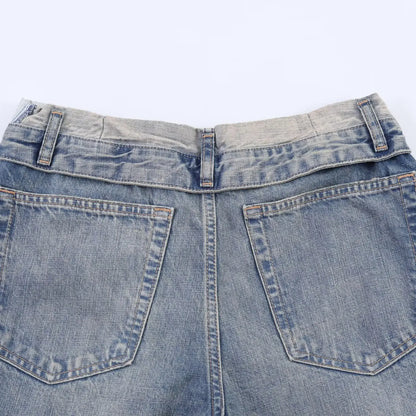Casual Women Long Jeans Summer Female Chic Ripped Holes Denim Fashion Mid Waist Flanging Button Streetwear Pants Trousers