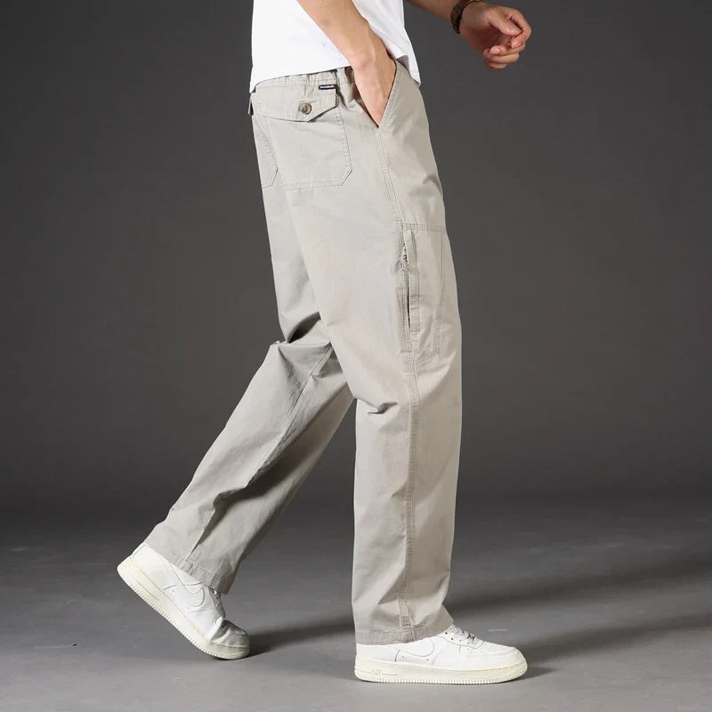 Men's 100% Cotton Cargo Pants Multi-pocket Elastic Waist Pants Big and Tall Mens Trousers Loose Fit Gym Sports Men's Pants