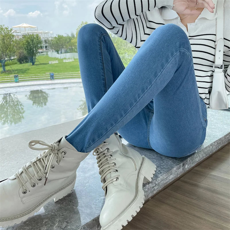 Women Stretch Jeans Lady Slim Skinny Pencil Jeans High Waist Vintage Pants Girls Leggings Straight Leg Korea Fashion Trousers
