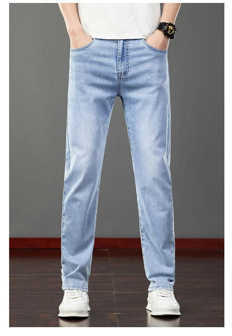 Spring Summer Thin Men's Jeans Fashion Korean Elastic Slim Straight Business Casual Denim Pants Classic Washed Male Trousers