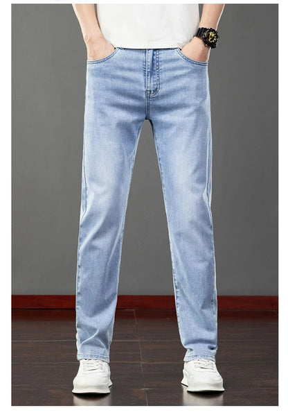 Spring Summer Thin Men's Jeans Fashion Korean Elastic Slim Straight Business Casual Denim Pants Classic Washed Male Trousers