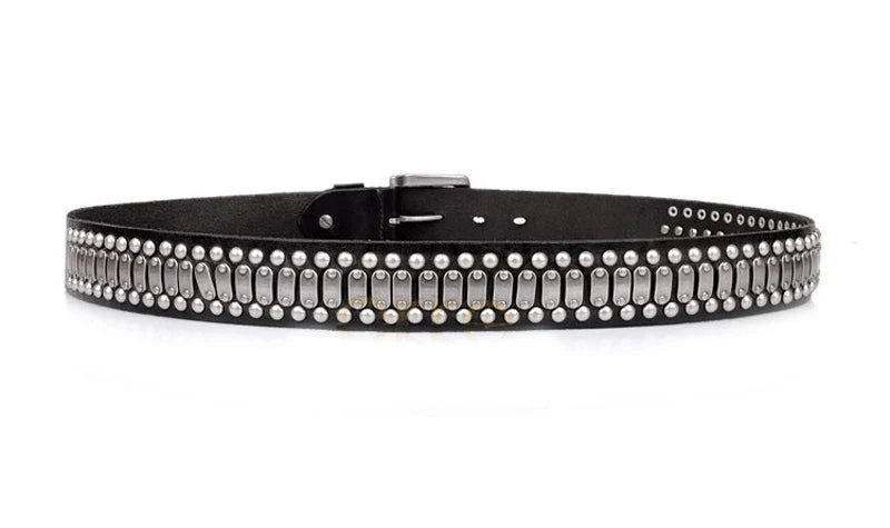3.8CM Real Genuine Leather Belt Metal Pin Buckle Men Belt Male Wide Cowhide Hiphop Rock Rivet Belts for Men Ceinture Black