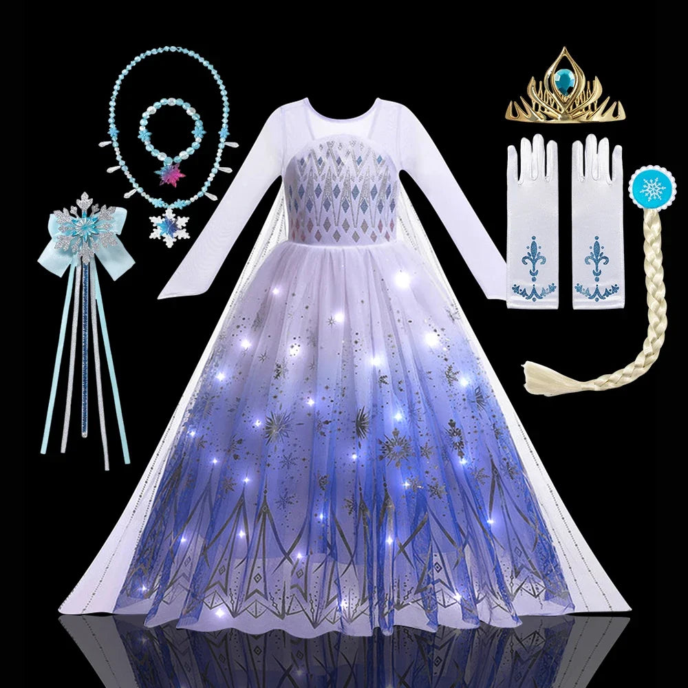2PCS LED Light Up Snow Queen Costume for Kids Girl Elsa Birthday Party Luxury Princess Cosplay Children Carnival Clothing Outfit
