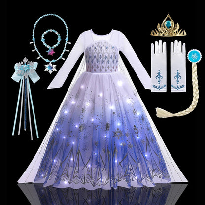 2PCS LED Light Up Snow Queen Costume for Kids Girl Elsa Birthday Party Luxury Princess Cosplay Children Carnival Clothing Outfit