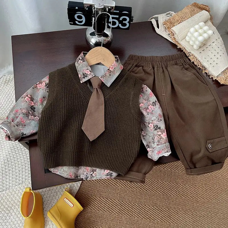 Autumn floral Style Kid Boys 3PCS Clothes Set Cotton Tie Collar Shirts Knitted Sticker Vest Solid Pants Suit Toddler Boys Outfit