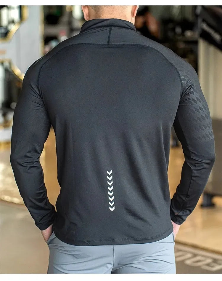 New Autumn Winter Running Gym Men Shirt Long Sleeve Tees Elastic Fit Sports Training Fitness Quick Dry Zip Collar Polo T Shirt
